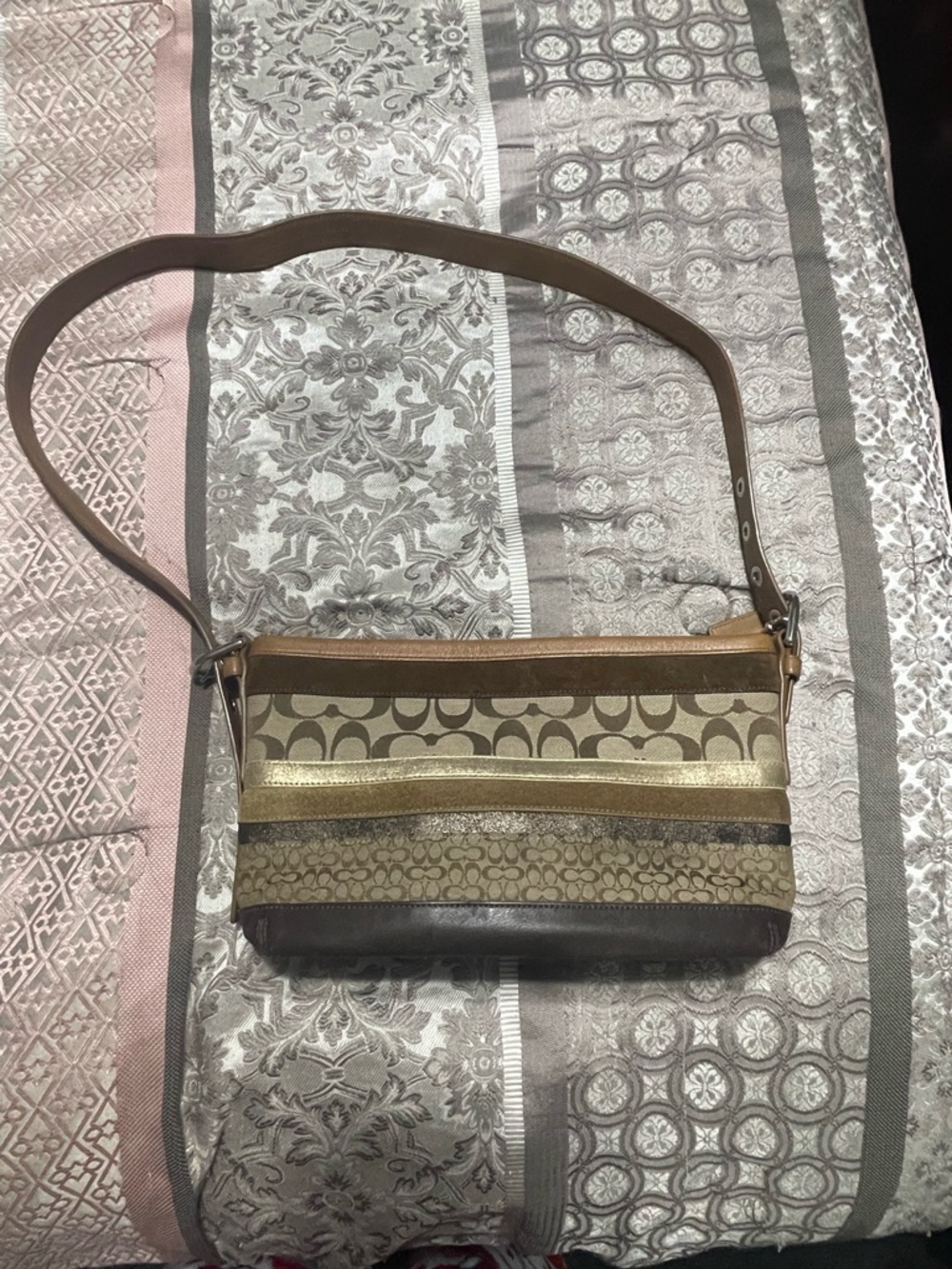 Coach Brown and Tan Signature Stripe Crossbody Bag